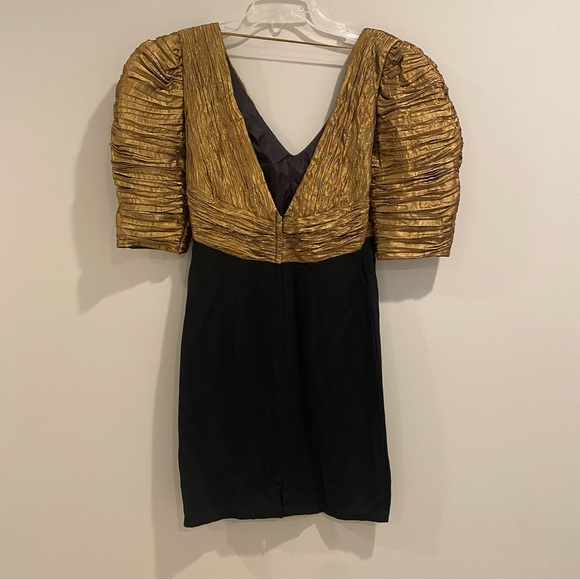 Vintage Gold & Black Plisse Puff Sleeve Dress - Picture 6 of 7